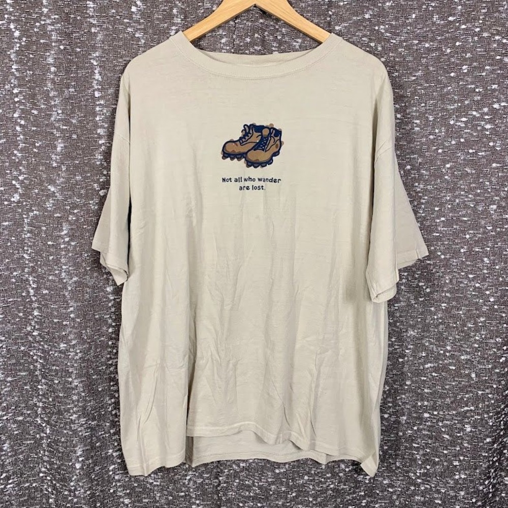 Life Is Good Beige Hiking Boots T-Shirt Not All Who Wander Are Lost Men's XL